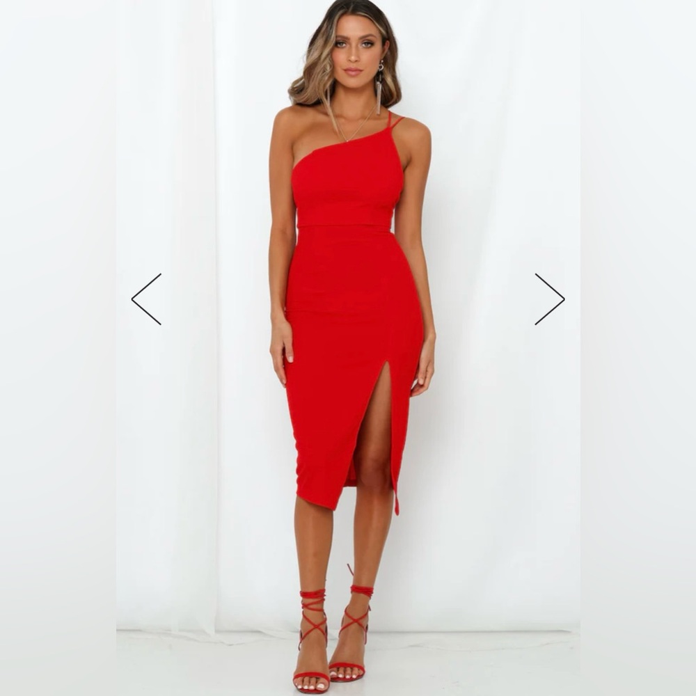Hello Molly Red Midi Dress, One Shoulder. Small.